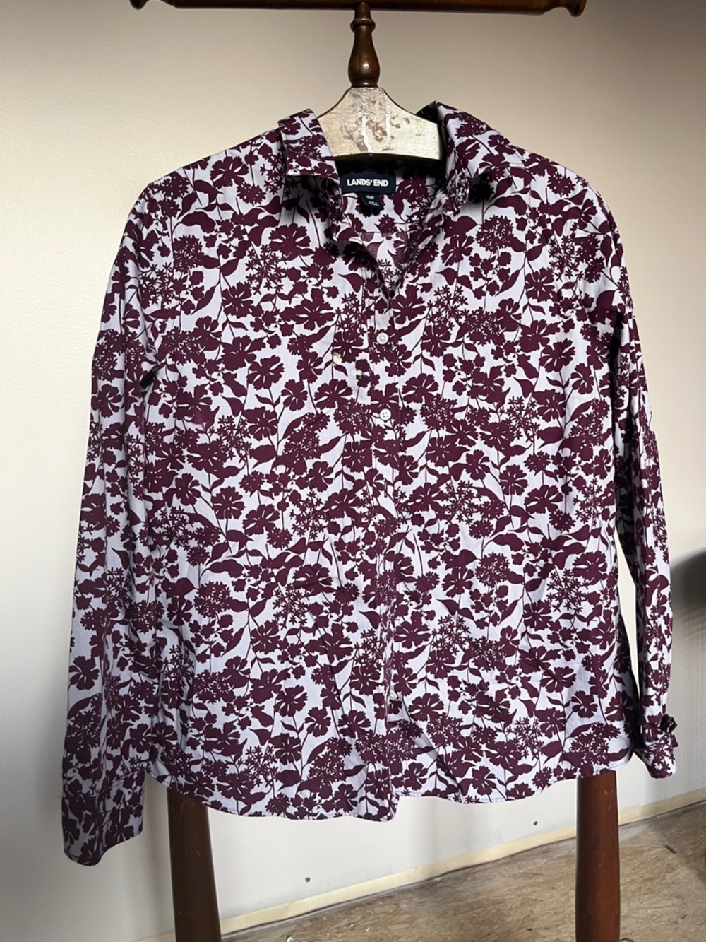 Lands' End Women's Burgundy and Lilac Floral Button-Down Shirt